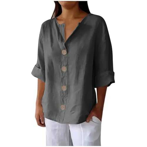Summer Cotton Linen Shirts for Women UK Casual Short Sleeve Button Down V Neck Tops Dressy Trendy Solid Color Blouse Comfy Lightweight Loose Fit T-Shirt 2025 Fashion Baggy Tunic Shirt