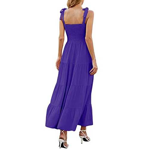 Summer Dresses for Women UK, Ladies Bohemian Style Layered Ruffle Solid Color Slim Casual Sleeveless Retro Beach Dress Slip Dress Floral Dresses for Women Sleeveless Beach Holiday Party Midi Dress