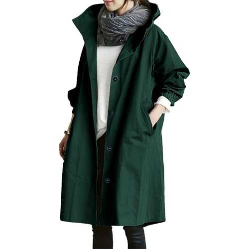 goeamcru Rain Coats for Women，Womens Waterproof Jackets Lightweight Hooded Rain Coat Women Cold Weather Long Sleeve Windbreaker Climbing Outdoor Hooded Ladies Winter Trench Coat Green