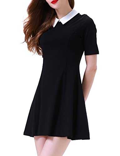 Aphratti Women's Short Sleeve Peter Pan Collar Cute Skater Dress Fit and Flare A-Line Casual Dresses, Black, XXL