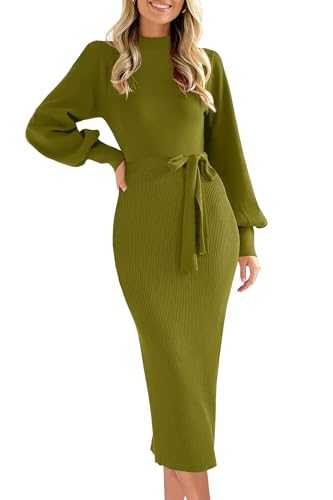 MITILLY Women's 2023 Fall Lantern Sleeve Sweater Elegant High Neck Ribbed Knit Bodycon Cocktail Midi Dress