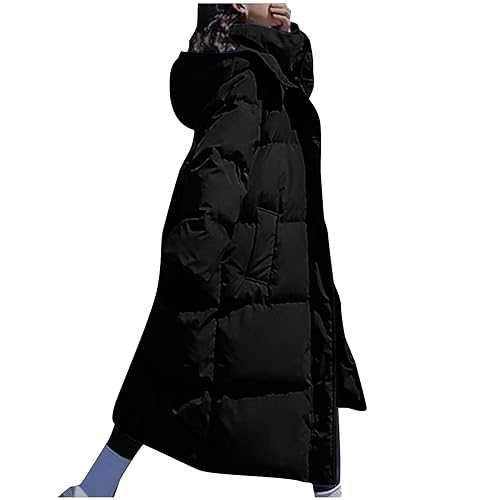 AMhomely Winter Coats for Women Hooded Longline Down Jackets Cardigan Jackets Thicked Warm Winter Duffle Coats Basic Loose Fit Ladies Topcoats for Hiking Fishing Pockets UK Size