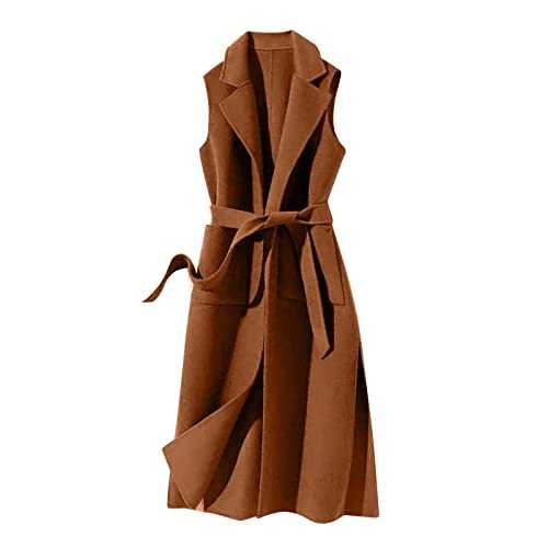 Wool Vest Women's Long Sleeveless Winter Jacket Black XL Fleece Vest Wool Trench Coat Sleeveless Blazer Vest with Belt Wool Coat Tailored Wool Jacket Winter Transition Vest Elegant Long Vest Slim Coat