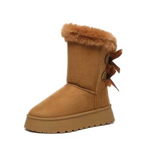 Bernal Mid-Calf Snow Boots for Women Back Bow Tie Faux Fur Lined Slip-On Winter Warm Comfortable Shoes Outdoor Cold Snow Boots