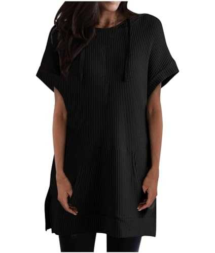 Oversized T Shirts for Women Summer Short Sleeve Hoodies Long T-Shirts with Hood Casual Waffle Side Slit Sweatshirts Longline Pullover Tops with Pockets Ladies Blouses for Outdoor