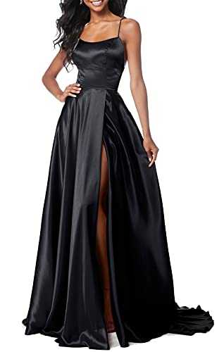 Lecureler Long Satin Spaghetti Strap Prom Dress