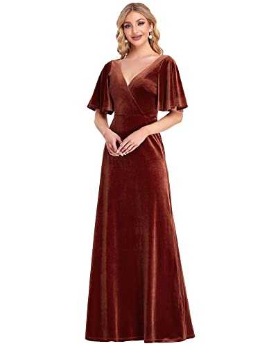 Ever-Pretty Women's V Neck Elegant Floor Length Short Sleeves Vintage Velvet Wedding Party Dresses Brick Red 24UK