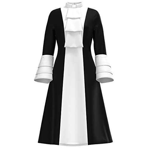 Priest Clergy Dress for Women Autumn/Winter Catholic Church Long Sleeve A Line Pleated Dress with Tab Collar