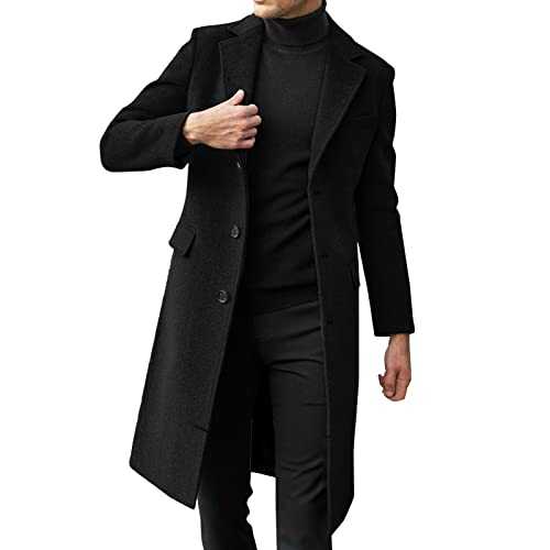 Mens Trench Coat Wool Blend Top Pea Coat Winter Long Single Breasted Classic Solid Color Stylish Business Overcoat Windbreaker Coat Parka Mid Long Trench Coat Overcoat Cardigan Winter Essential Tops