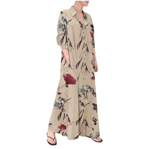 AMDOLE Party Dresses for Women UK Printed Cotton Long Shirt Dress with Pockets Maxi Long Dresses for Women