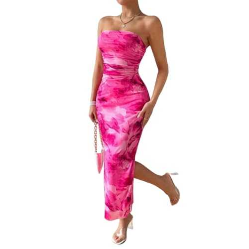 LIGHT DOT Women's Summer Dress Printed Strapless Tube Top Dress Bodycon Maxi Dress Side Slit Mesh Layered