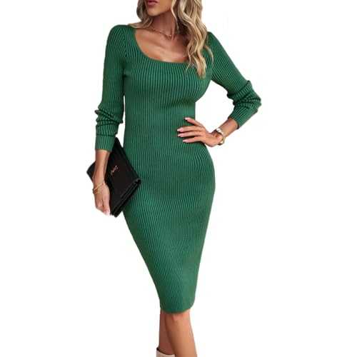 Kuukaas Women's Long Sleeve Bodycon Sweater Dress Square Neck Ribbed Knitted Midi Dress with Slit