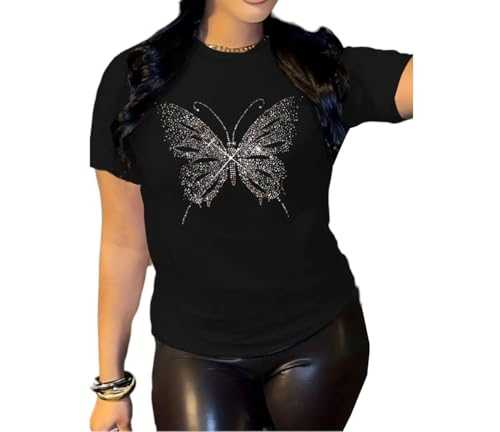 Womens Crew Neck Sparkle Diamante Beaded Butterfly T-Shirt Ladies Short Sleeve Glitter Summer Wear Pullover Tees