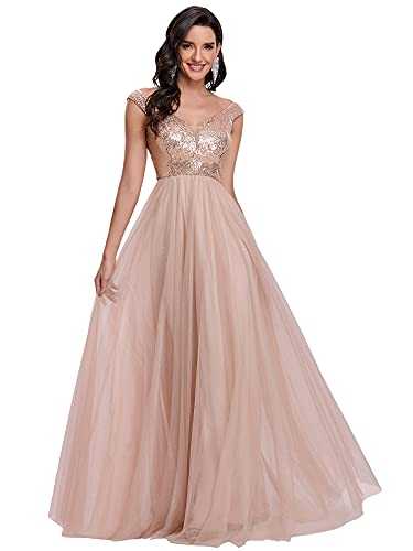 Ever-Pretty Women's V Neck Sleeveless Off The Shoulder Empire Waist A Line Floor Length Tulle Sequins Prom Evening Dresses EE00277