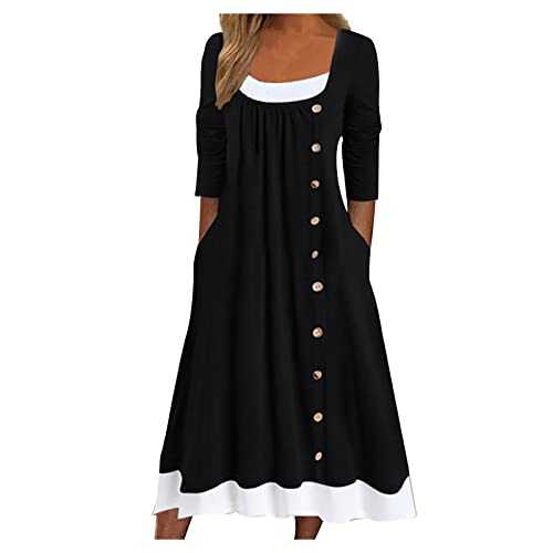 Dresses for Women UK Casual Crewneck Long Sleeve Pullover Patchwork Pleated Solid Color Button Dress Ladies Trendy Tunic Dresses Activewear Dresses for Vacation Cocktail Formal Work Wedding