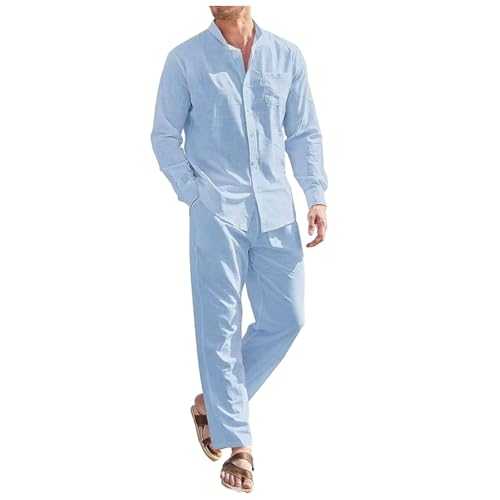 Suit Business Long Sleeve Shirt and Trousers Made of Cotton and Linen in Large Size with Standing Pockets Western Low Shoes Men