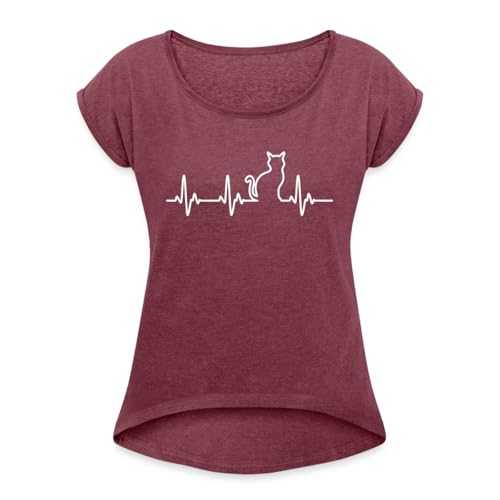 Spreadshirt ECG Heartbeat with Cat Outline Women’s Rolled Sleeve T-Shirt