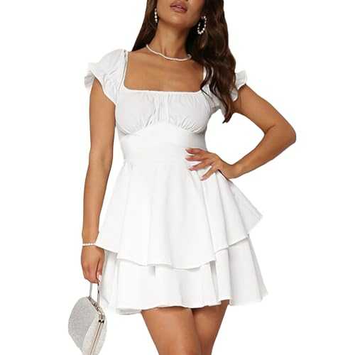Yoisdtxc Women's Cocktail Dresses Puff Short Sleeve Skater Dress Square Neck Waist Tie Chiffon Ruffle Mini Swing Dresses