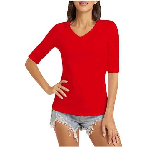 V Neck T Shirts for Women UK Sale Clearance Half Sleeve Tops Summer Solid Color Tshirts Lightweight Slim Fit Tee Shirts Casual Comfortable Plian Tshirts Ladies Blouses Size 8-22