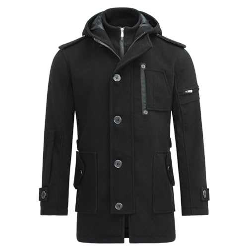 Mens Hooded Wool Coats Regular Fit Winter Tweed Trench Coat Casual Outerwear Military Peacoats