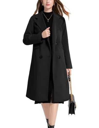 Sukany Women's Winter Wool Blend Coat Notch Lapel Double Breasted Casual Mid Long Pea Coat Trench Jackets Outwear