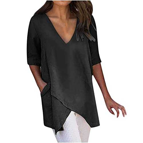 AMhomely Top for Women UK Elegant Plus Size Tops with Pockets Cotton Linen Blouse Longline Tunic Shirts Lagenlook Tops V Neck Casual Tee Shirts Loose Fit Casual Pullover Tops Beach Blouse