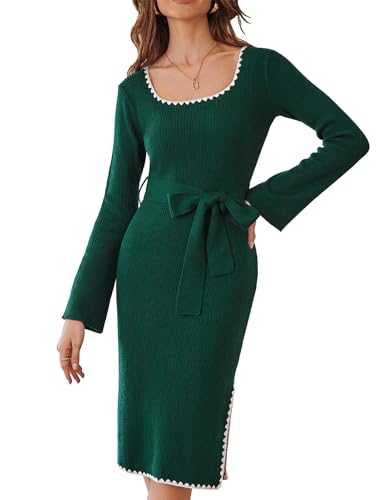 CURLBIUTY Women's Jumper Dress Knitted Sweater Dress Long Sleeve Bodycon Midi Dress Square Collar with Belt