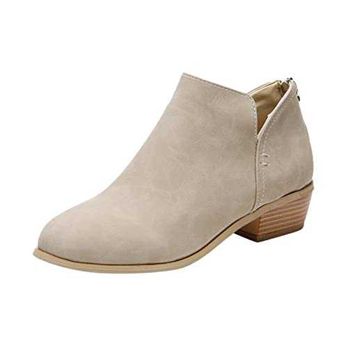 Cowboy Western Ankle Boots Women Wide Fit V Cut Comfort Ladies Walking Hiking Short Booties Slip On Round Toe Back Zipper Square Heel Nude Boot UK Size