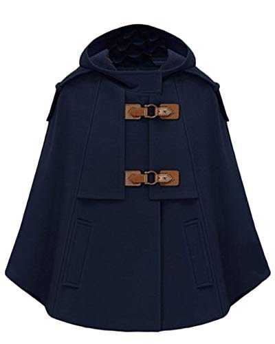 PengGengA Women's Artificial Wool Cape Poncho Jacket Warm Cloak Coat with Pockets Hooded Horn Buckle Blue S