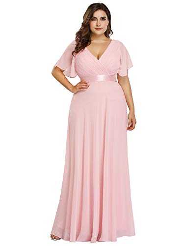 Ever-Pretty Women's Elegant V-Neck Short Sleeves Empire Waist Floor Length Plus Size Evening Dresses