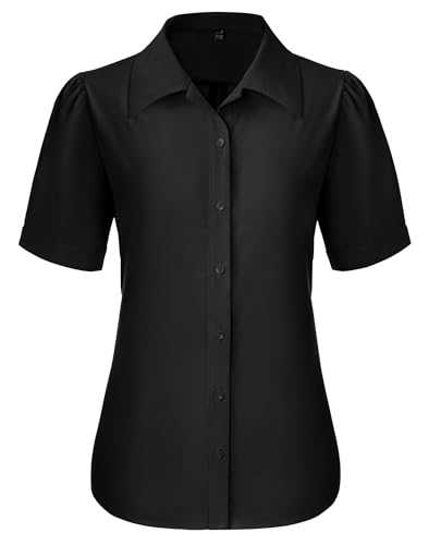 Gleeivy Button Down Shirts for Women Puff Short Sleeve Button Up Dress Shirts Collared Fitted Blouse Work Business Top