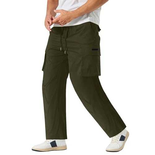 Men's Loose Fit Straight Cargo Trousers, Elastic Waist with Drawstring, Work Trousers, Plain Multi Pockets, Ranger Trousers for Men, Vintage Jogging Trousers, Leisure Tracksuit Bottoms, Large Size,