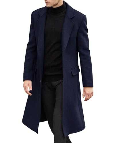Mens Trench Coat Long,Men's Single Breasted Wool Blend Pea Coat,Winter Thick Slim Fit Trench Coats