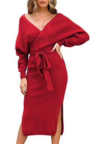 Fixmatti Women's Elegant V Neck Wrap Knit Dresses Batwing Sleeve Backless Slit Maxi Dress with Belted