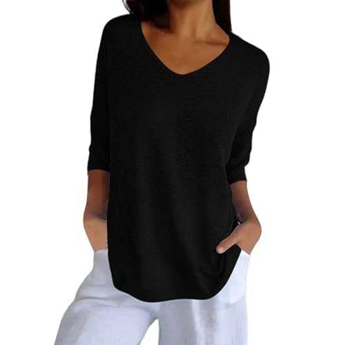 Pullover Women's Oversized V-Neck T-Shirt 3/4 Sleeve Loose Blouse Shirt Elegant Plain Blouse Summer Loose Fit Tunic Women's Blouses Top Elegant Shirt Blouse Casual Shirts Top