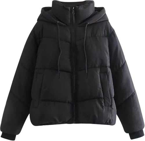 Suncadmious Women's Crop Hooded Puffer Jacket Zip Up Winter Quilted Warm Short Jacket Outerwear