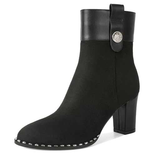 Zamikoo Women Chunky Heel Ankle Boots Round Toe Beaded Heeled Short Booties Side Zipper 3 Inches