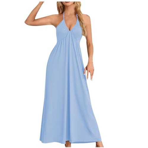 Women's Halter Neck Summer Dress Spaghetti Strap Maxi Dresses Ladies Elegant Casual Sleeveless Long Dress Bohemian Flowy Beach Strappy Dress Holiday Swing Loose Fit Sundresses for Party Evening