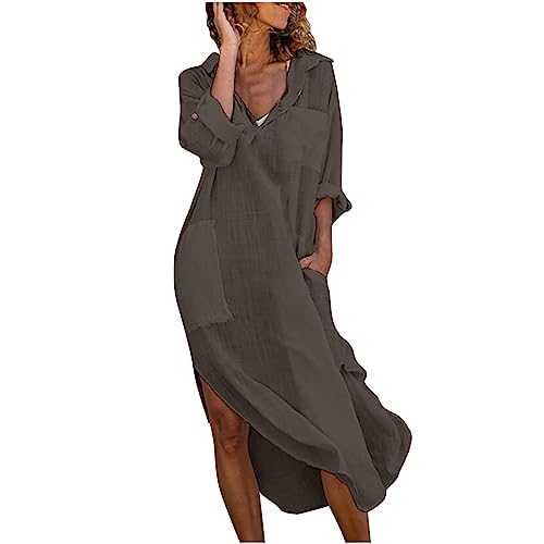 AMhomely Maxi Dress for Women UK Elegant Party Cotton and Linen Dresses Long Sleeve V Neck Beach Dress Summer Lapel Long Dresses with Breasted Pocket Oversized Cover Up Dresses Boho Sundress