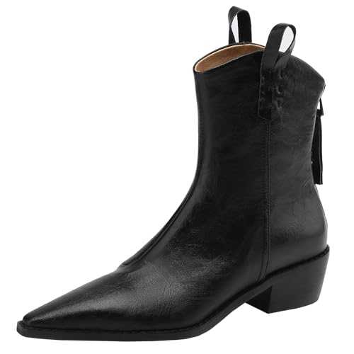 CUTEHEELS Women's Winter Genuine Leather Ankle Boots with Pointed Toe and Chunky Heel / Western Cowboy Boots with Zip Back