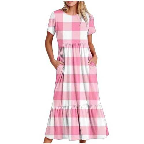 RLEHJN Floral Dresses for Women UK Sale Clearance Summer Short Sleeve Midi Dresses Casual Beach Swing Dresses Round Neck Plaid A Line Dresses Long Holiday Sundresses with Pockets Size 8-16
