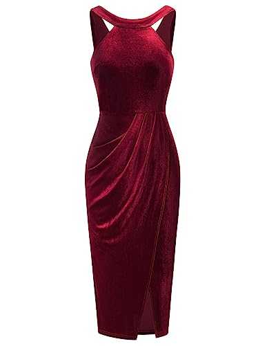 GRACE KARIN Velvet Dress for Women UK Halterneck Sleeveless Slit Festival Prom Party Wrapped Midi Bodycon Dress