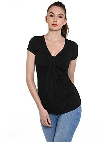 AmélieBoutik Women V Neck Twist Knot Front Casual T-Shirt Short Sleeve Blouse