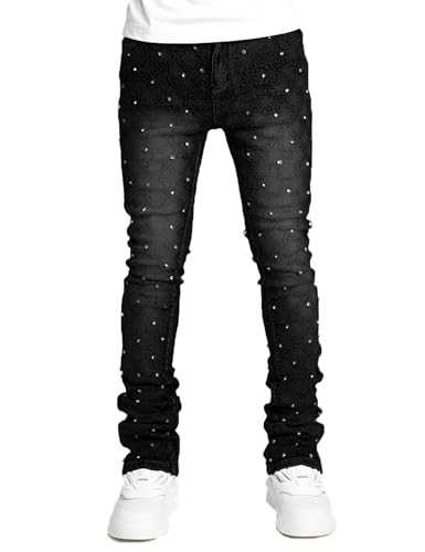 Men Rhinestone Skinny Ripped Jeans Y2k Stretch Slim Fit Stacked Jeans Grunge Denim Pants