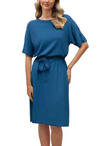 Arach&Cloz Summer Dresses for Women UK Casual Work Midi Dress Ladies Knit Sundress with Belt