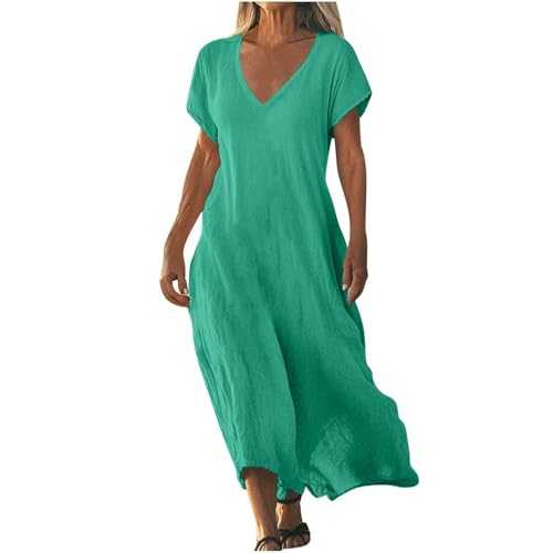 Summer Dresses for Women UK Cotton Linen Dress V Neck Short Sleeve Casual Long Flowy Pleated Dress Solid Plain Oversized Dresses Holiday Party Beach Sundress Breathable and Lightweight Sundress1