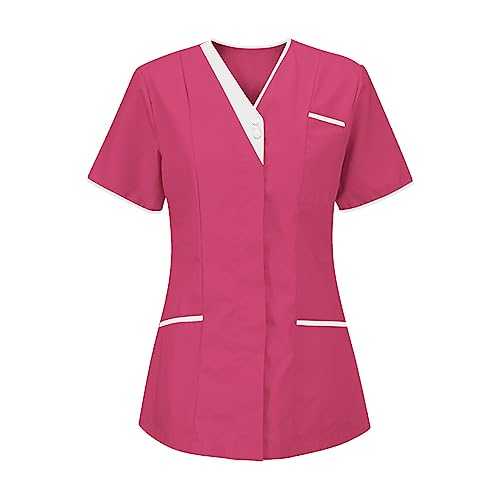 Zeiayuas Tunic Tops for Women UK Uniform Beauty Healthcare Spa Salon Scrub Tops Plus Size Short Sleeve V Neck T Shirt Long Length Casual Summer Shirts Work Top Ladies Blouses with Pockets