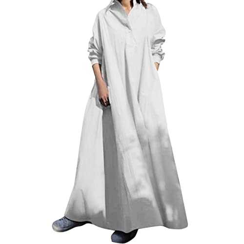 VEMOW Women Dresses Solid Color Oversize Long Shirt Dress Retro Long Sleeve Casual Cotton Dress Women's Loose Spring and Summer Maxi Dress