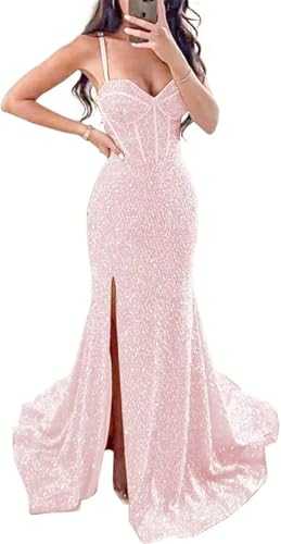 Sparkly Sequin Prom Dresses for Women Spaghetti Strap V Neck Mermaid Formal Evening Dress