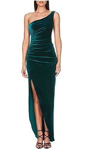 L'VOW Women's Elegant Ruched Velvet Gown One Shoulder High Side Split Bodycon Backless Maxi Evening Formal Dress